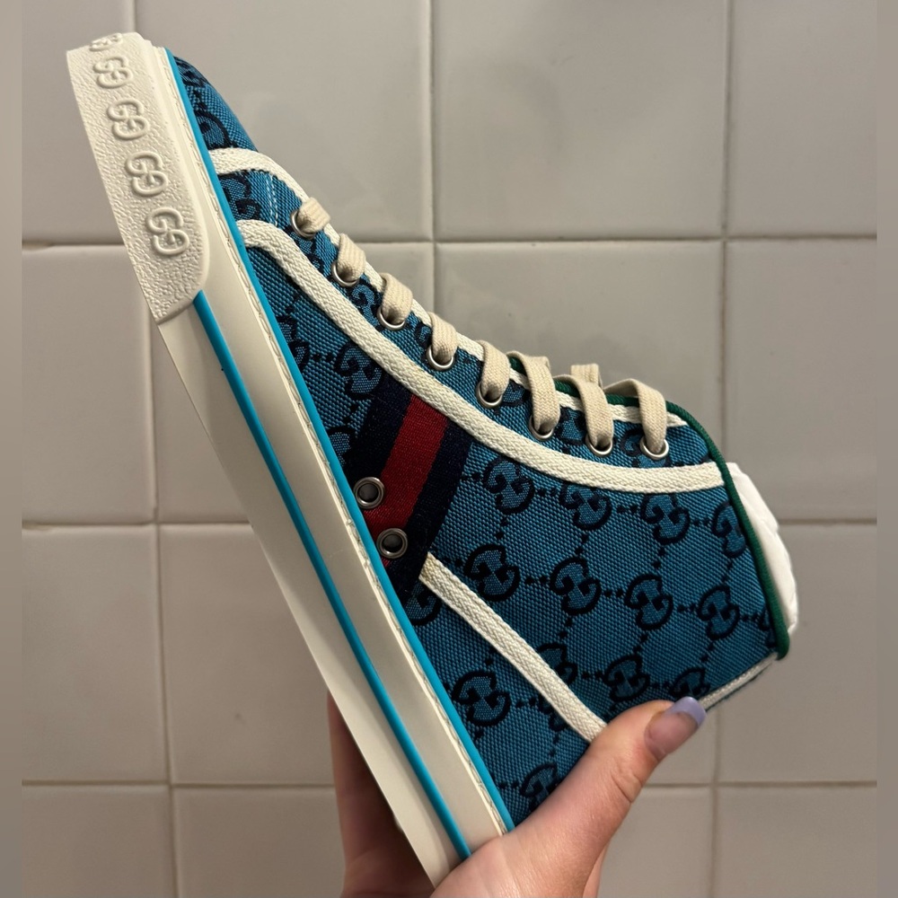 Gucci Teal/Blue Canvas Patterned High-Top Sneakers - Picture 3 of 16